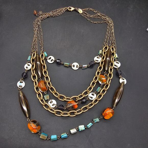 Lia Sophia St Lucia Multicolor Layered Bib Necklace Statement Orange Chain - Picture 5 of 8